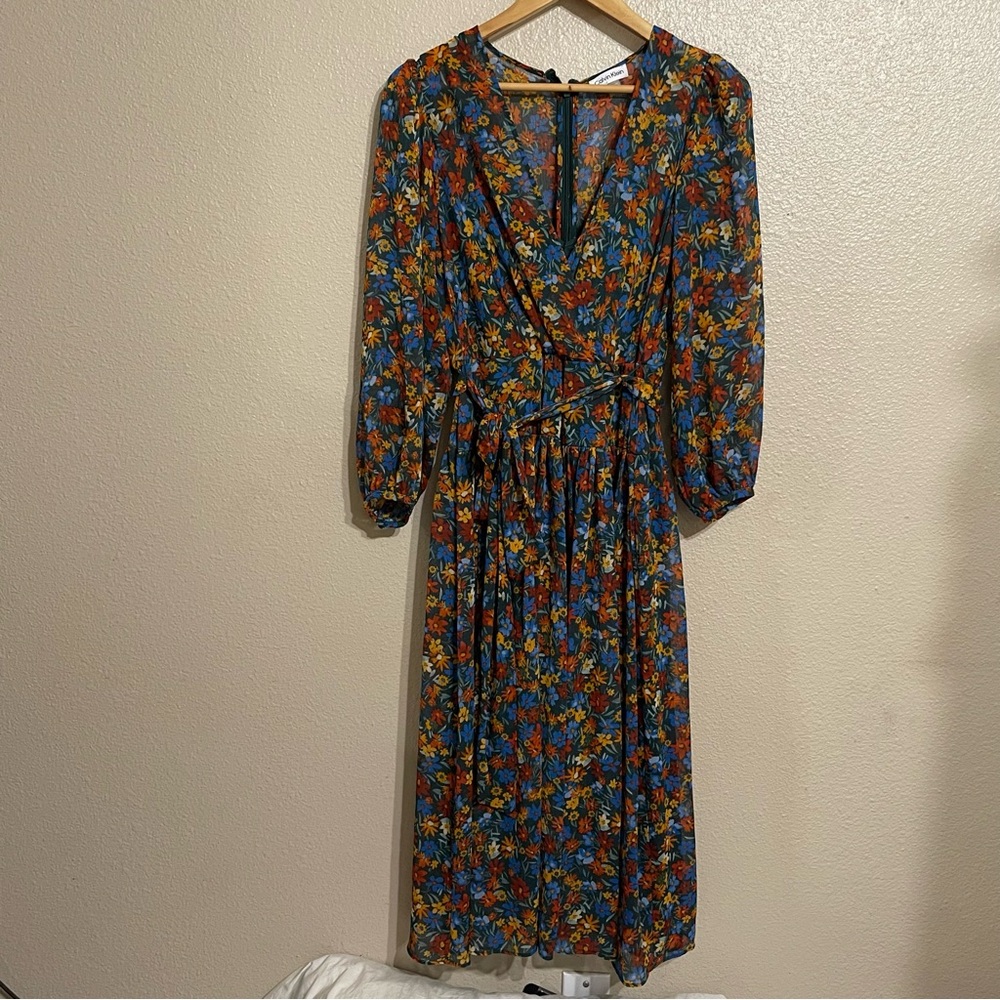 Surplice‎ Neck Three-Quarter Sleeve Floral Print Faux Wrap Midi Dress Sz 8 - Picture 13 of 14